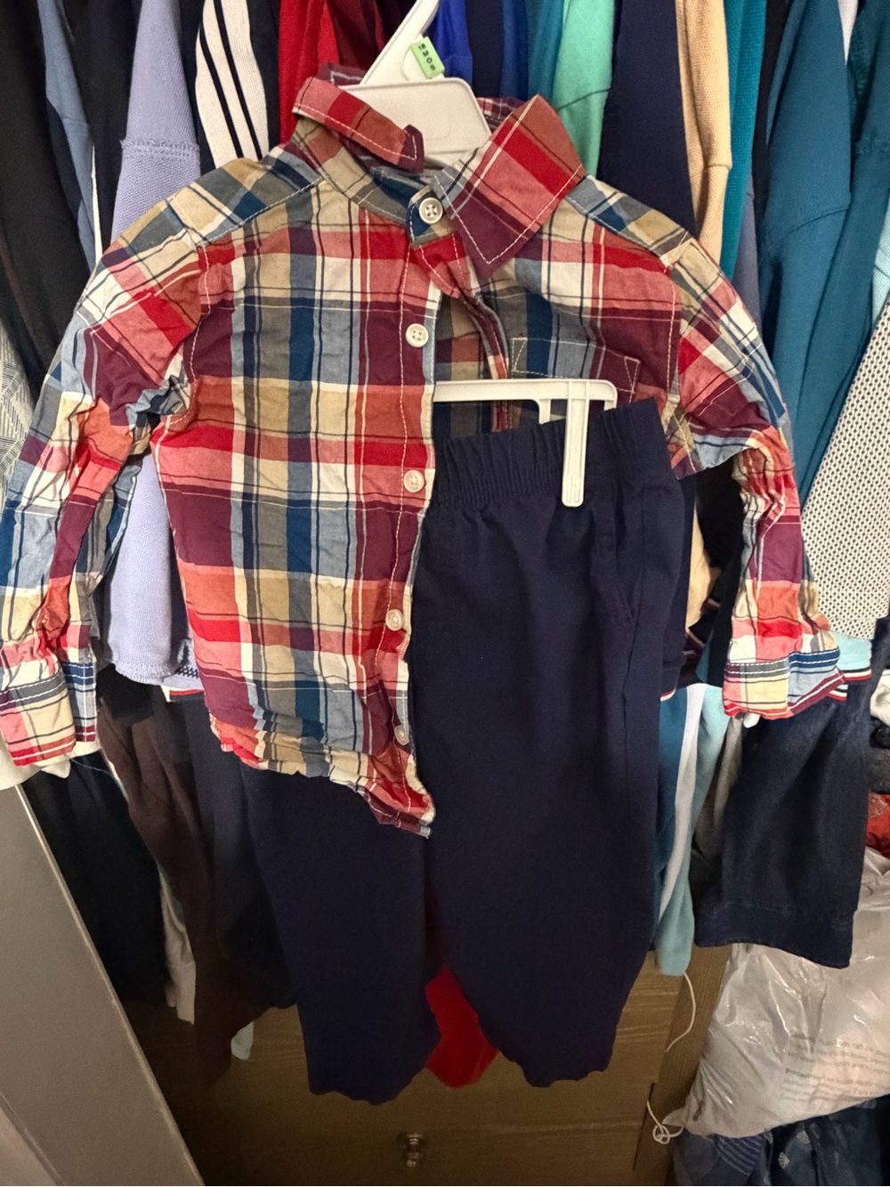 Toddler Plaid Button-Up Shirt & Navy Pants Set - Red, Blue, Khaki
